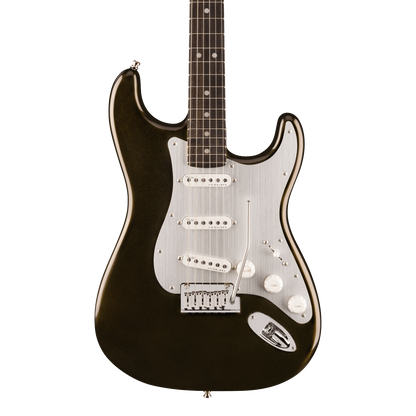 Front of Fender American Ultra II Stratocaster Texas Tea Ebony.