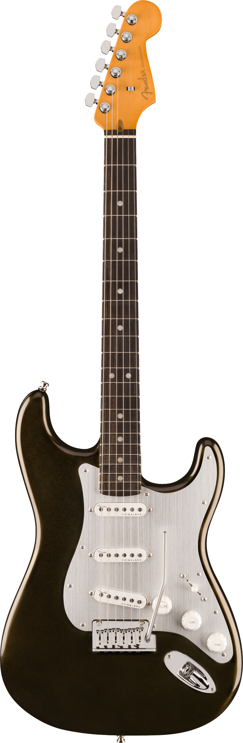 Full frontal of Fender American Ultra II Stratocaster Texas Tea Ebony.