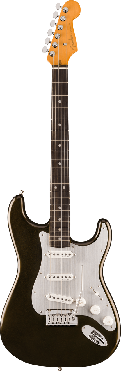 Full frontal of Fender American Ultra II Stratocaster Texas Tea Ebony.