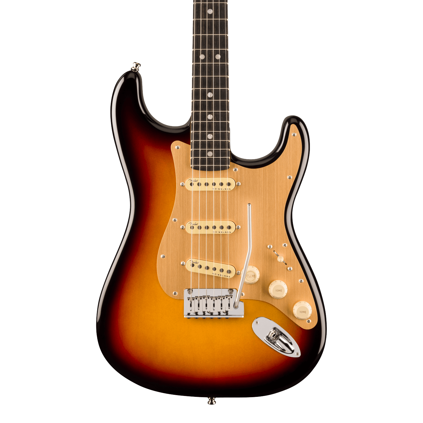 Front of Fender American Ultra II Stratocaster Ultraburst Ebony.