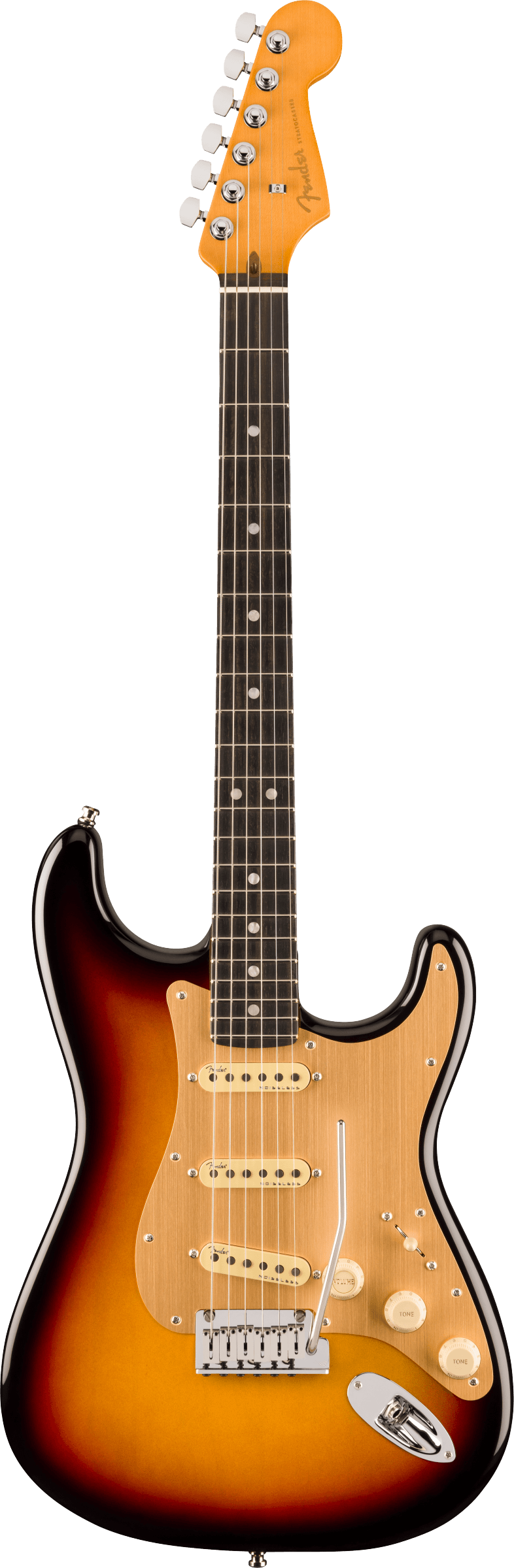 Full frontal of Fender American Ultra II Stratocaster Ultraburst Ebony.