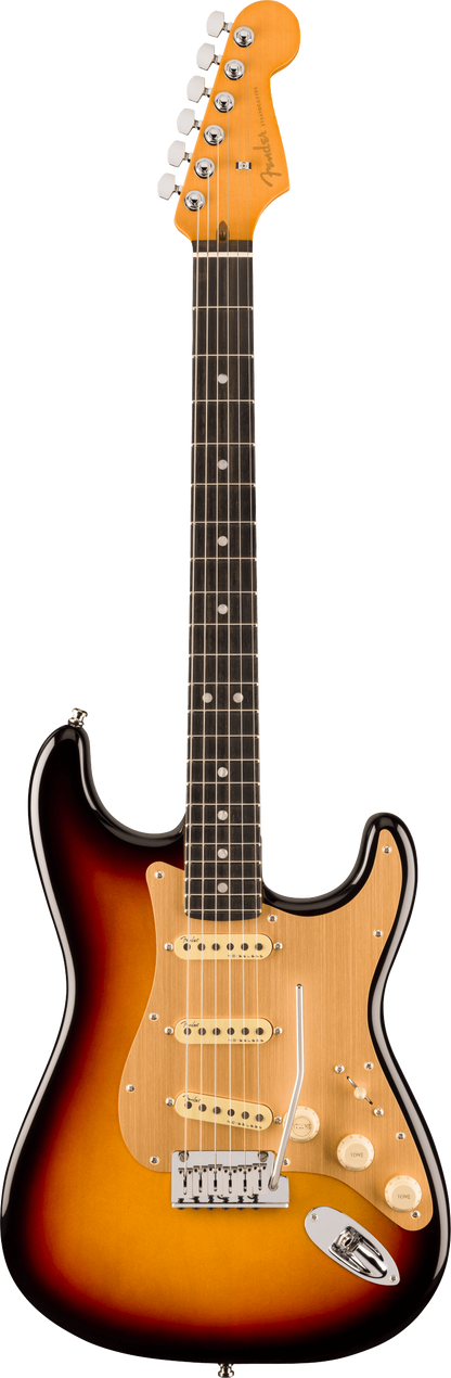 Full frontal of Fender American Ultra II Stratocaster Ultraburst Ebony.