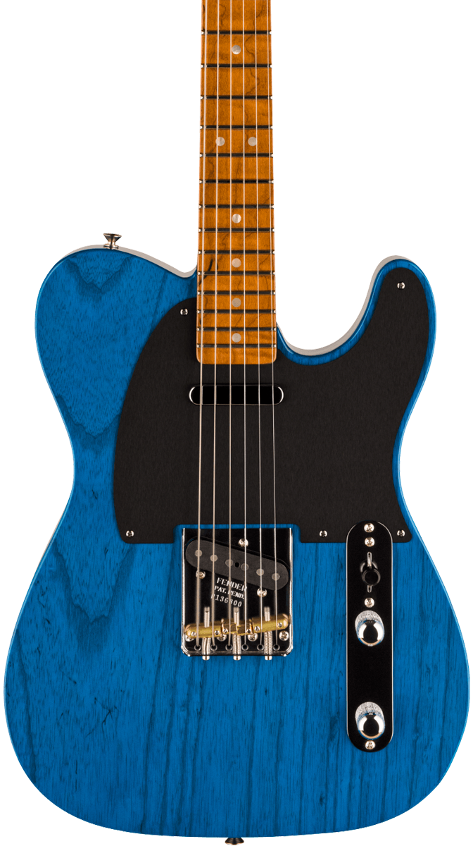 Front of Fender Custom Shop American Custom Tele MN NOS Sapphire Blue Transparent.