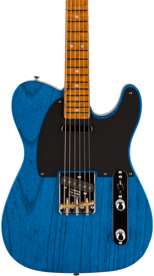 Front of Fender Custom Shop American Custom Tele MN NOS Sapphire Blue Transparent.