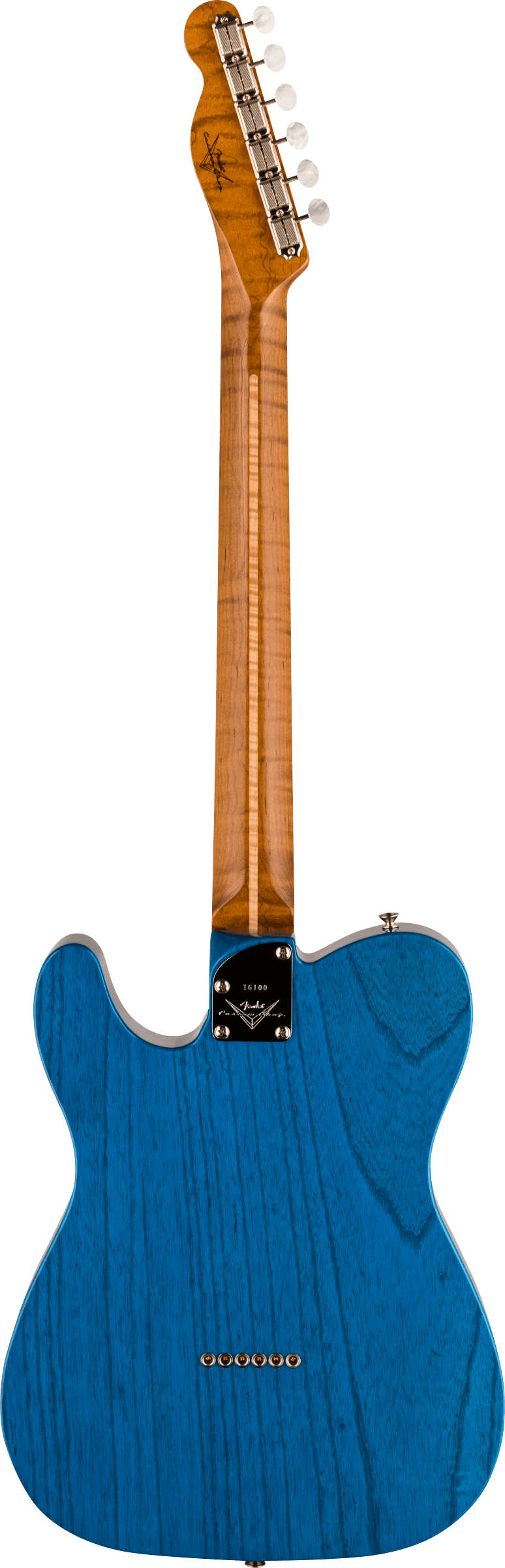 Back of Fender Custom Shop American Custom Tele MN NOS Sapphire Blue Transparent.