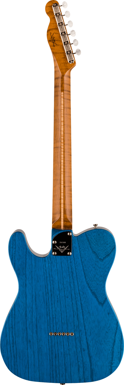 Back of Fender Custom Shop American Custom Tele MN NOS Sapphire Blue Transparent.