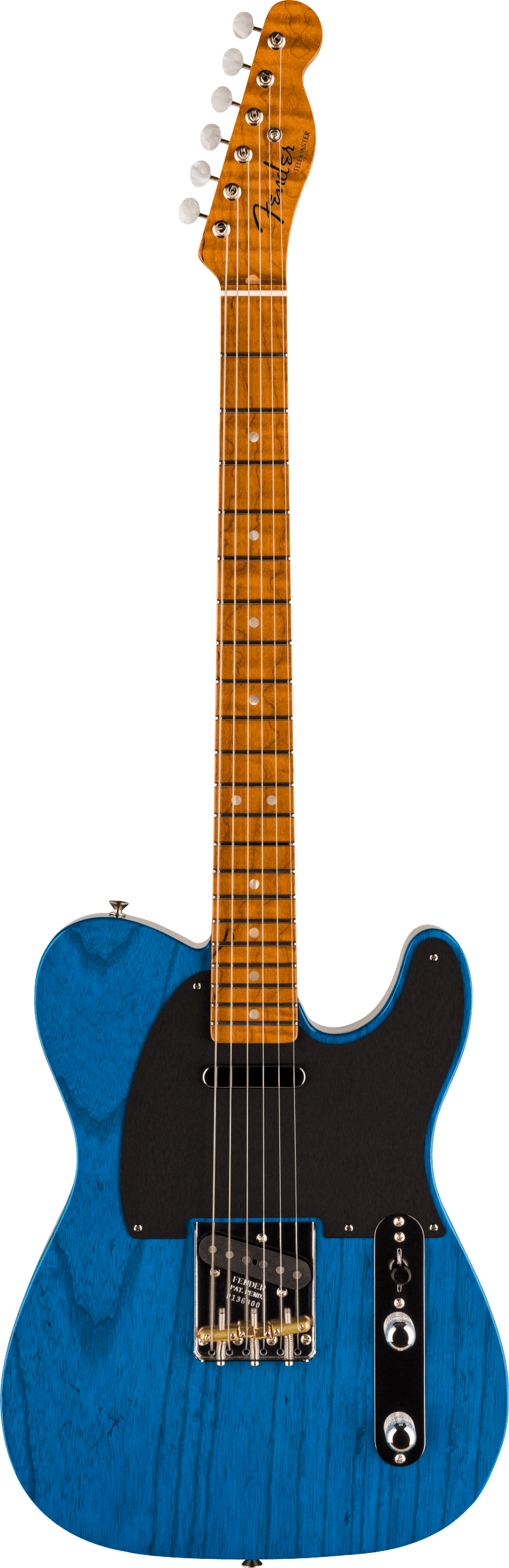 Full frontal of Fender Custom Shop American Custom Tele MN NOS Sapphire Blue Transparent.