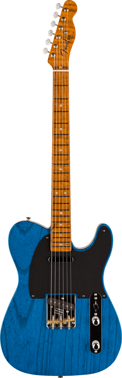 Full frontal of Fender Custom Shop American Custom Tele MN NOS Sapphire Blue Transparent.