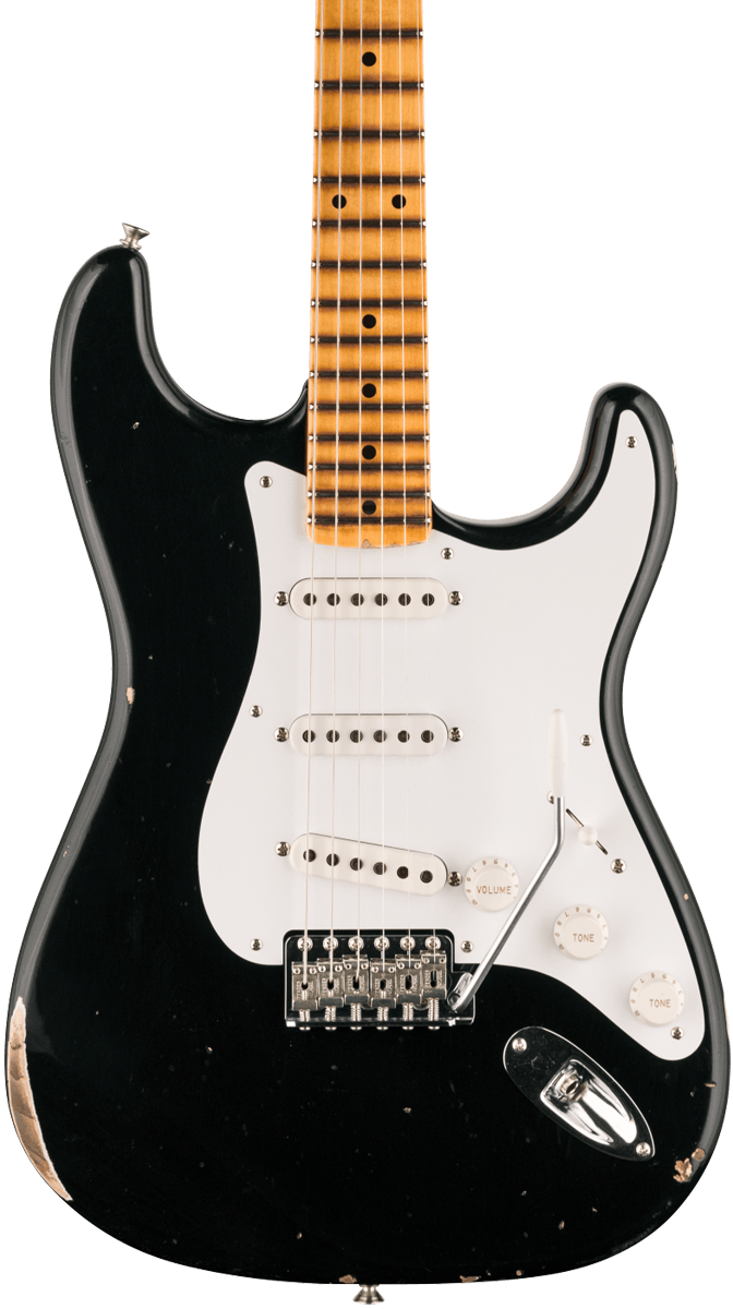 Front of Fender Custom Shop Limited Edition Fat '54 Strat Relic With Closet Classic Hardware Aged Black.