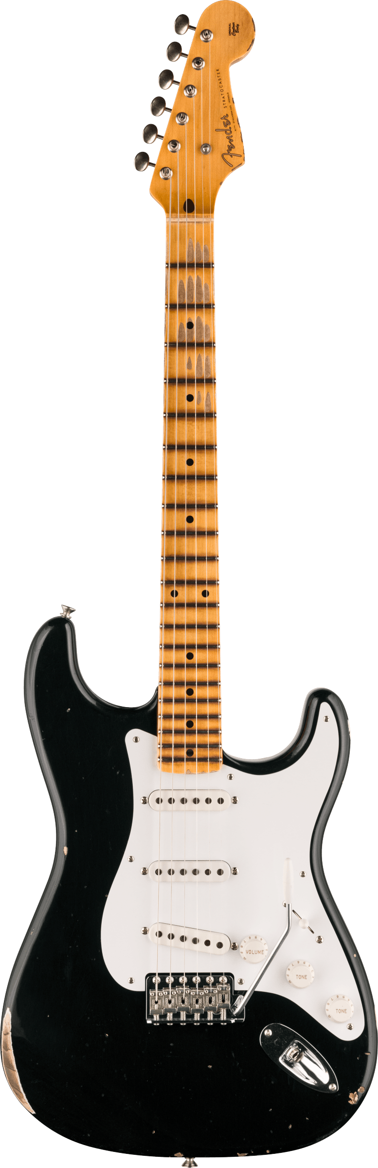 Full frontal of Fender Custom Shop Limited Edition Fat '54 Strat Relic With Closet Classic Hardware Aged Black.