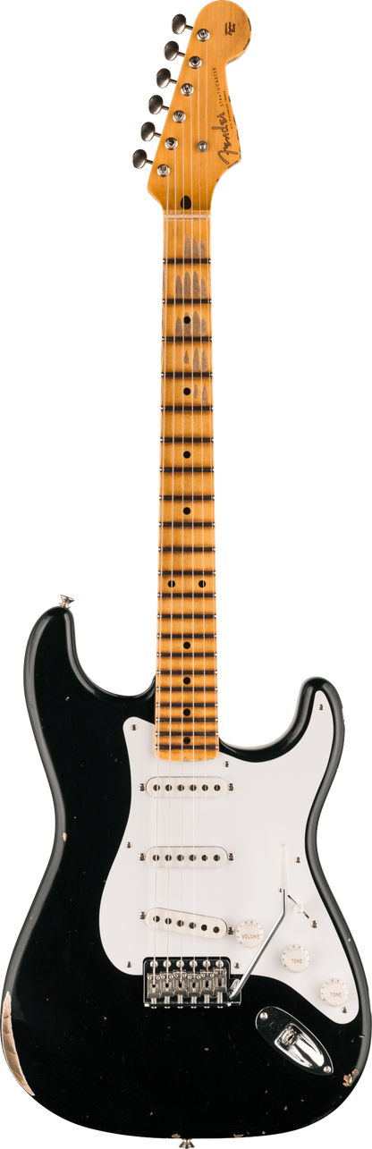 Full frontal of Fender Custom Shop Limited Edition Fat '54 Strat Relic With Closet Classic Hardware Aged Black.