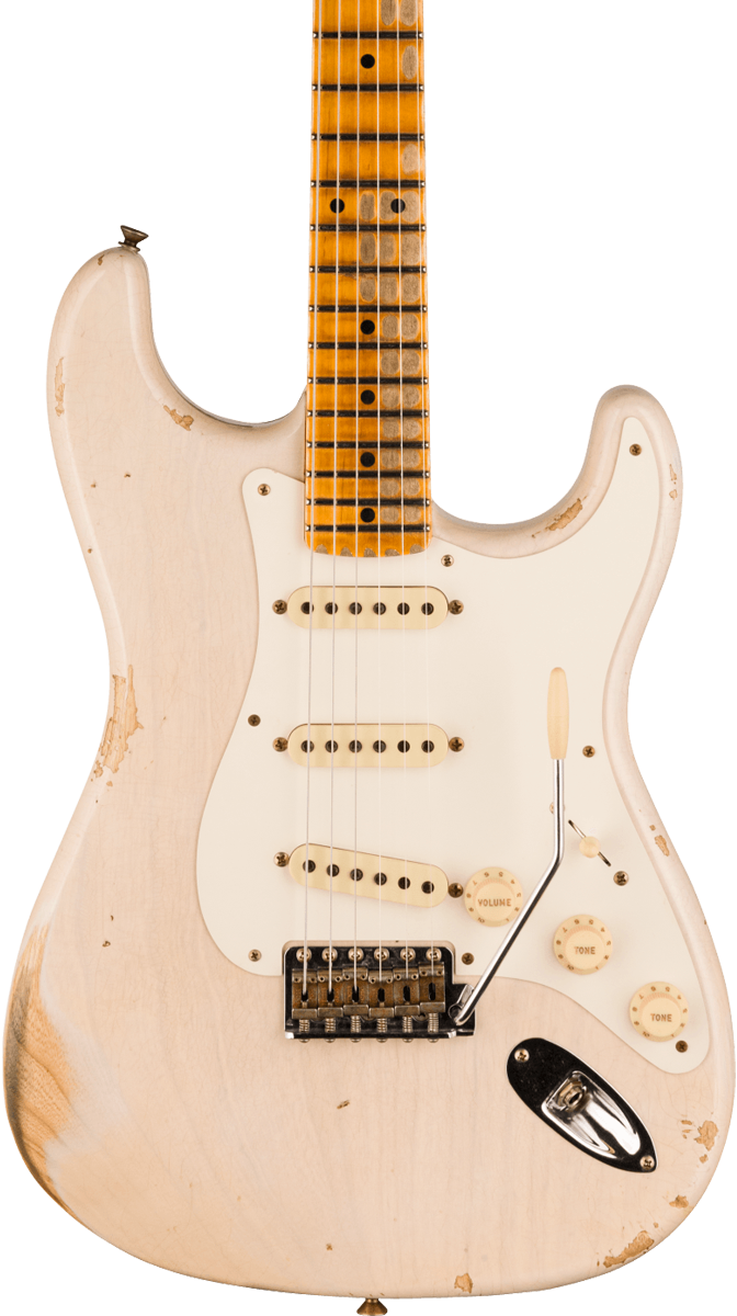 Front of Fender Custom Shop Time Machine '57 Strat Heavy Relic Aged White Blonde.