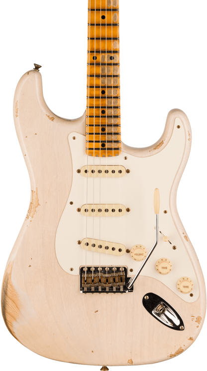 Front of Fender Custom Shop Time Machine '57 Strat Heavy Relic Aged White Blonde.