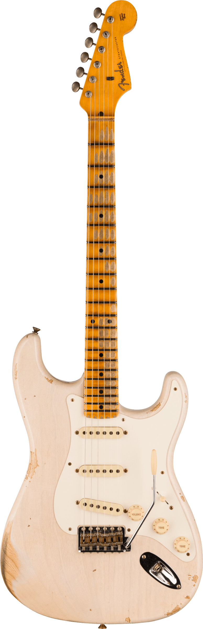 Full frontal of Fender Custom Shop Time Machine '57 Strat Heavy Relic Aged White Blonde.