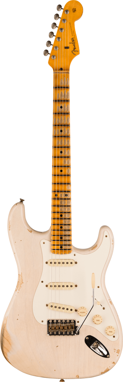 Full frontal of Fender Custom Shop Time Machine '57 Strat Heavy Relic Aged White Blonde.