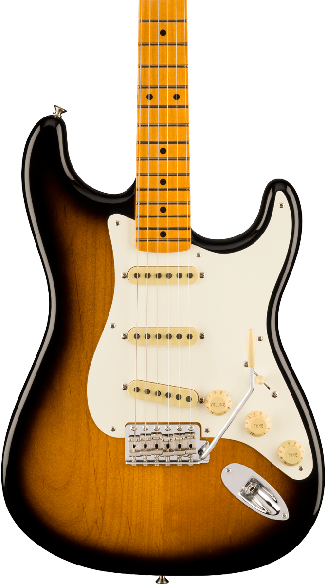 Front of Fender Eric Johnson Stratocaster Maple  2-Color Sunburst.