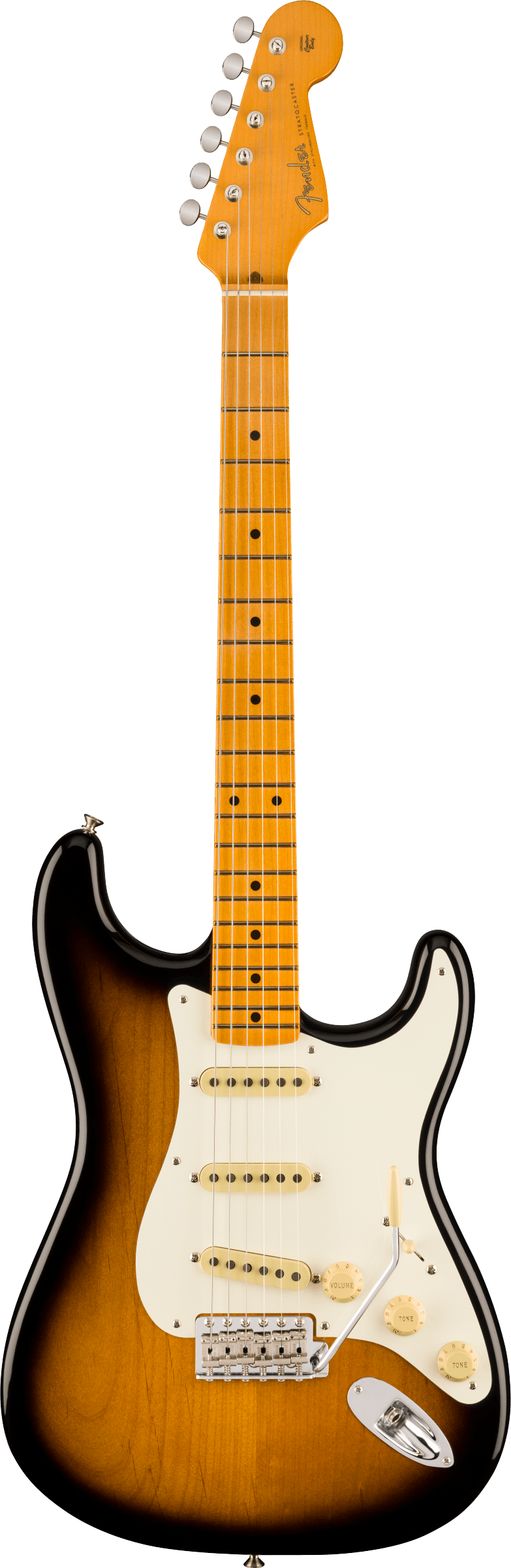 Full frontal of Fender Eric Johnson Stratocaster Maple  2-Color Sunburst.