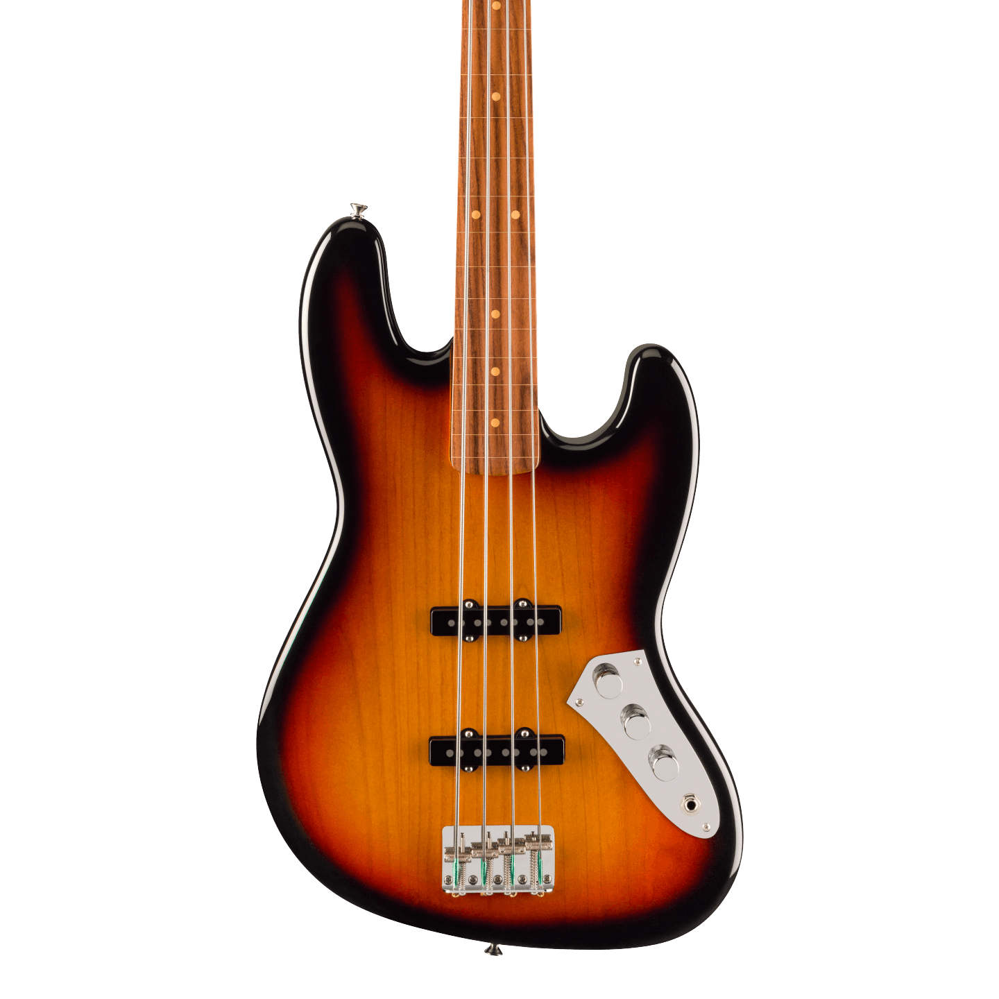 Front of Fender Jaco Pastorius Jazz Bass Fretless Pau Ferro Fingerboard 3-Color Sunburst.