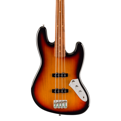 Front of Fender Jaco Pastorius Jazz Bass Fretless Pau Ferro Fingerboard 3-Color Sunburst.