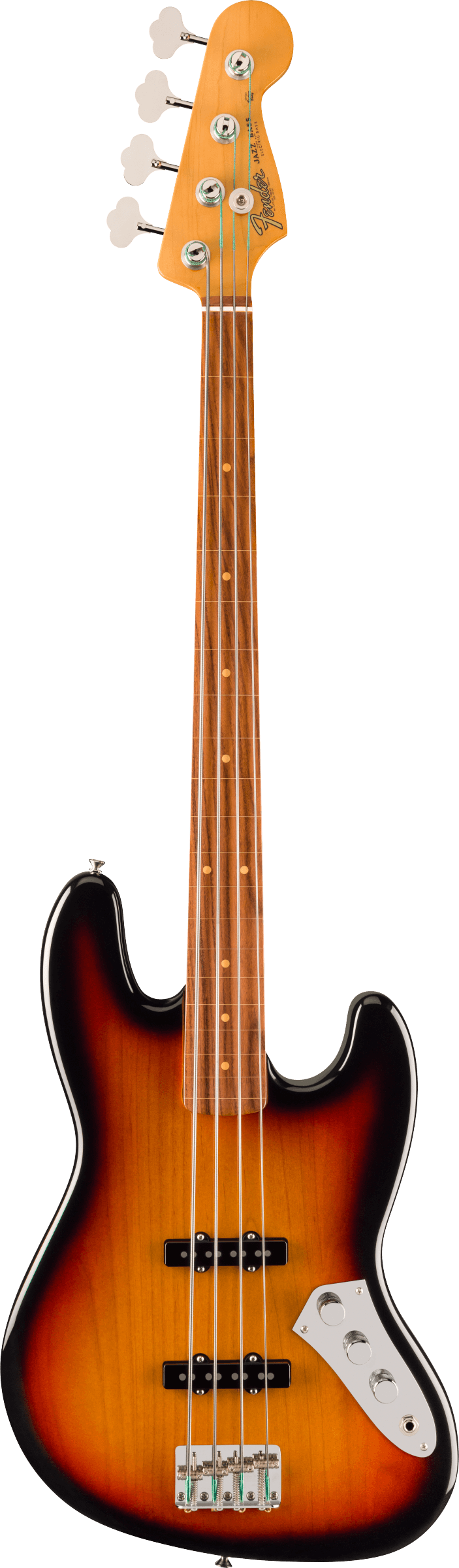 Full frontal of Fender Jaco Pastorius Jazz Bass Fretless Pau Ferro Fingerboard 3-Color Sunburst.