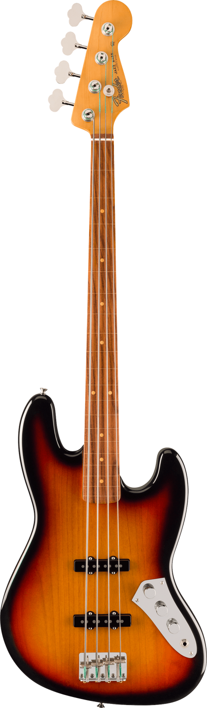 Full frontal of Fender Jaco Pastorius Jazz Bass Fretless Pau Ferro Fingerboard 3-Color Sunburst.