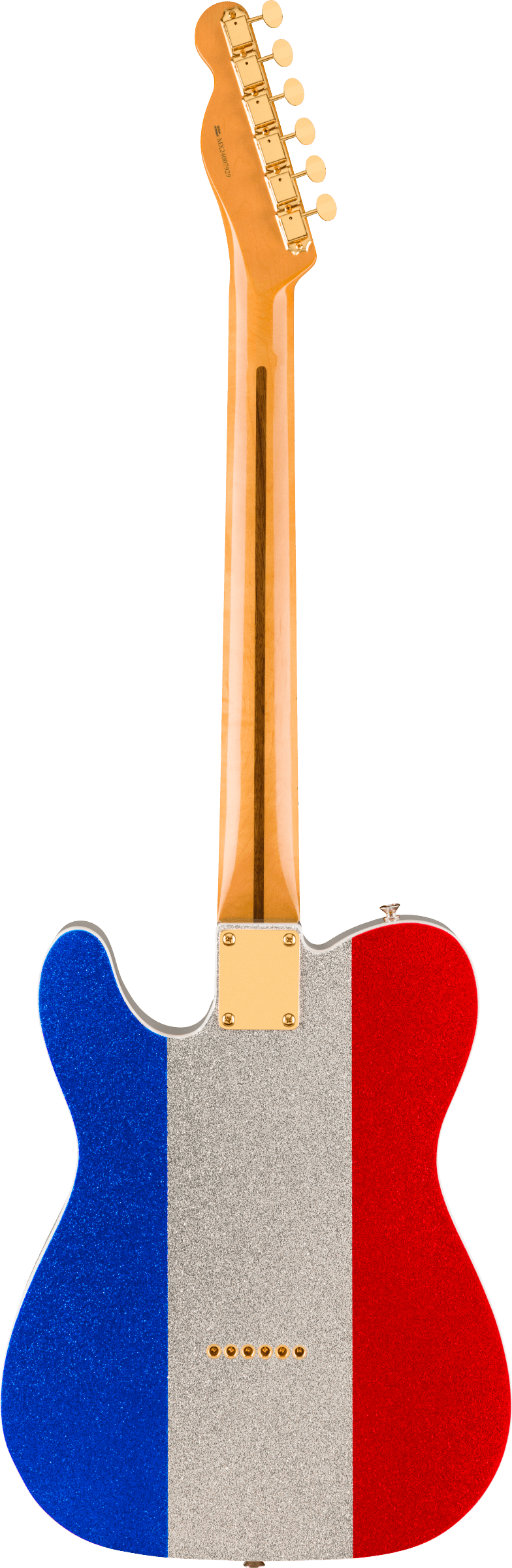 Back of Fender Limited Buck Owens Telecaster Red Silver Blue Sparkle.