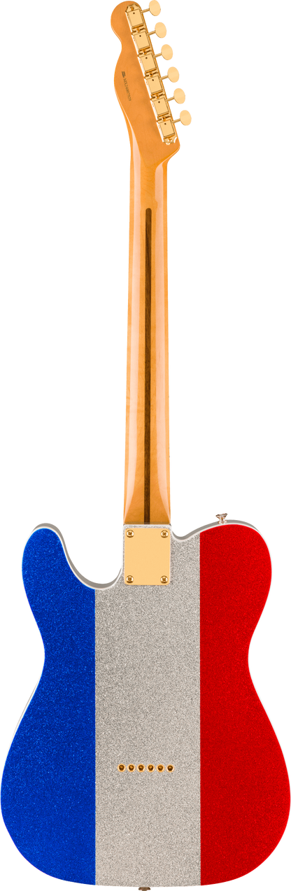 Back of Fender Limited Buck Owens Telecaster Red Silver Blue Sparkle.