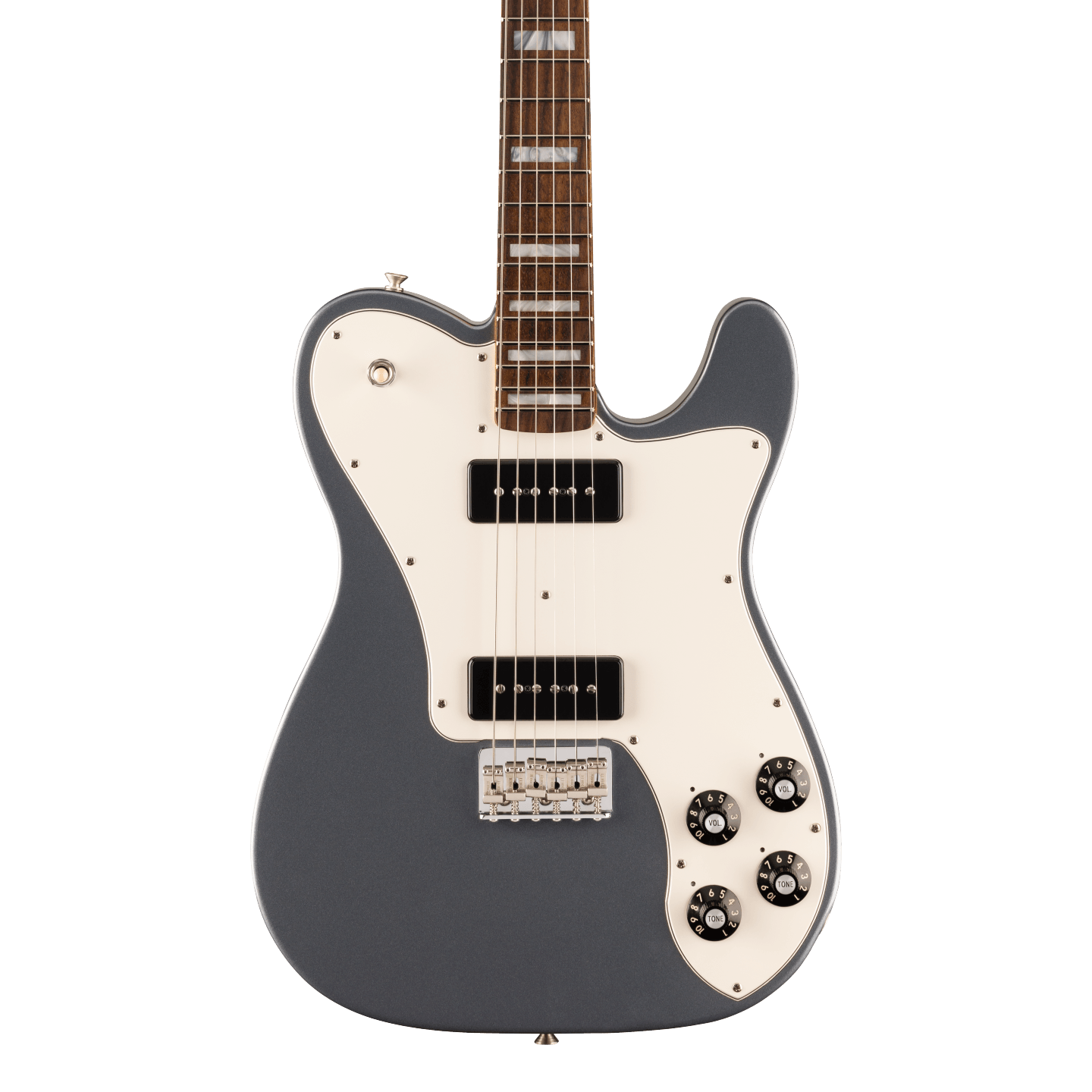 Front of Fender Limited Chris Shiflett Cleaver Telecaster Deluxe Charcoal Frost Metallic.