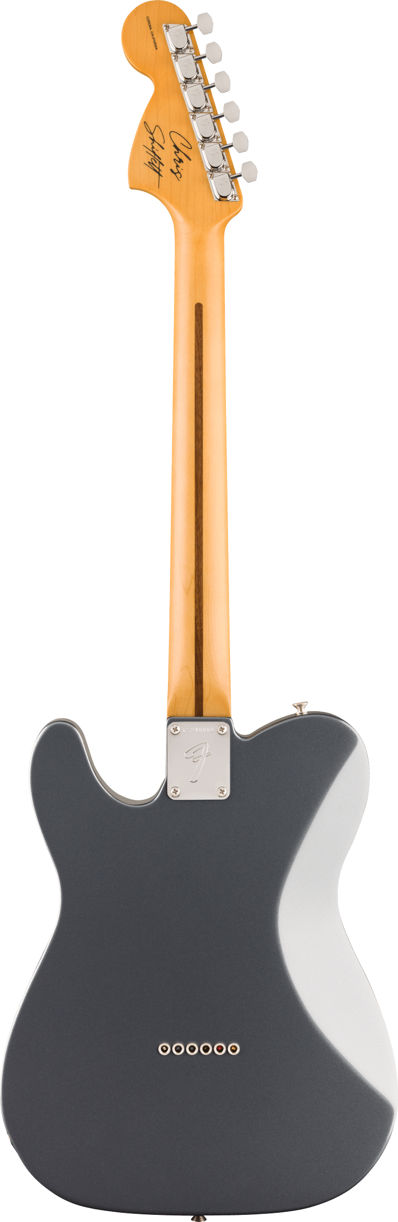 Back of Fender Limited Chris Shiflett Cleaver Telecaster Deluxe Charcoal Frost Metallic.