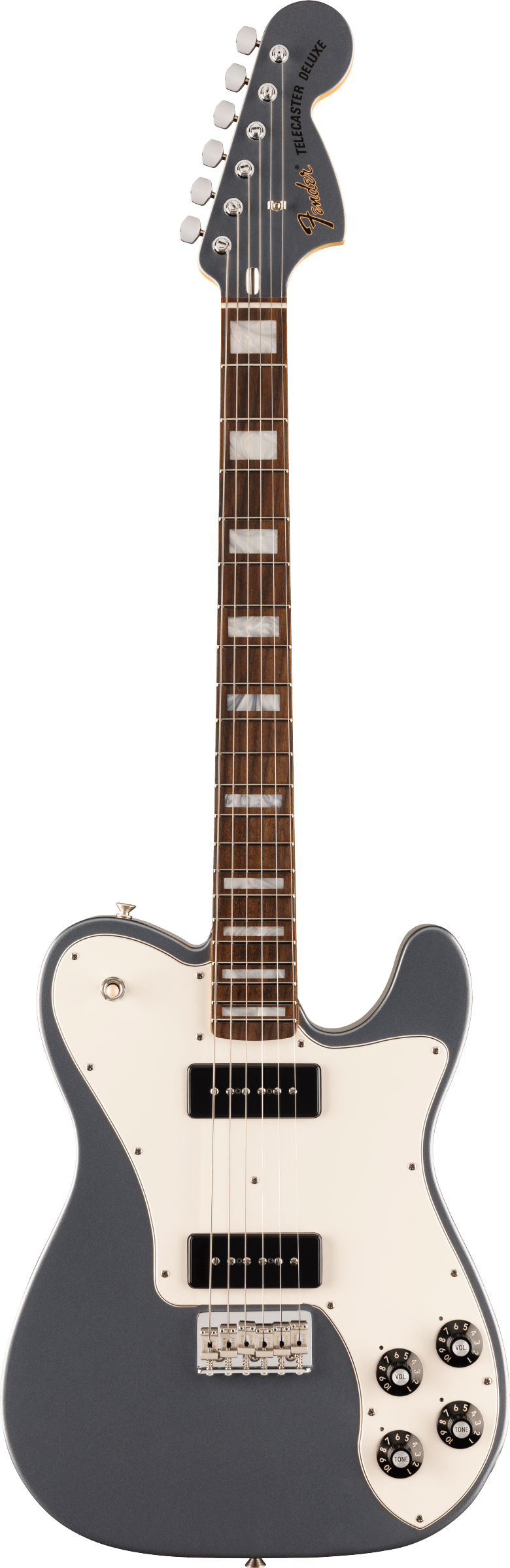 Full frontal of Fender Limited Chris Shiflett Cleaver Telecaster Deluxe Charcoal Frost Metallic.