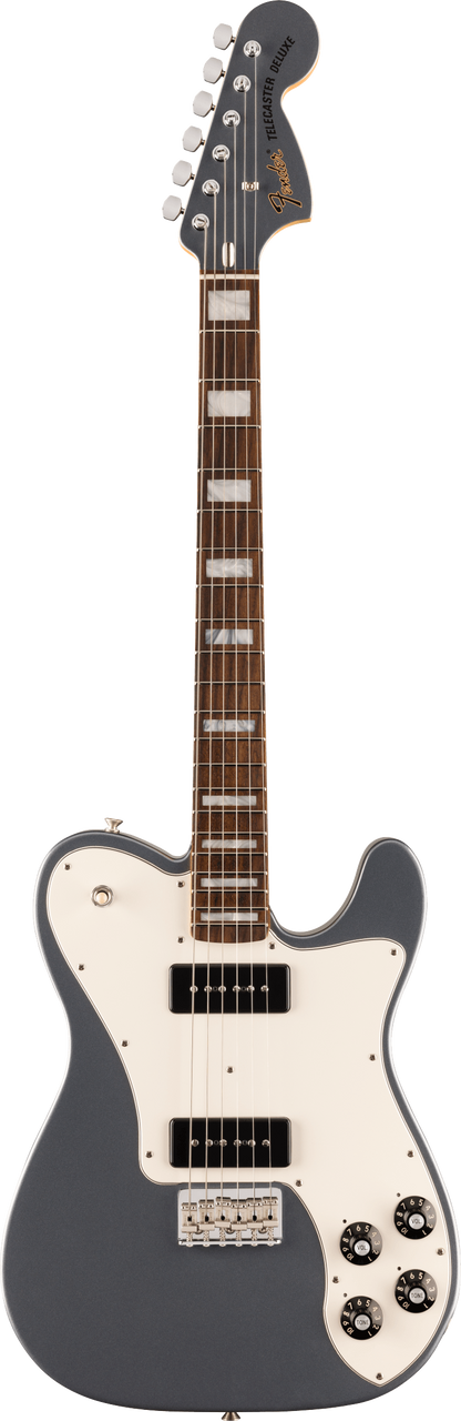 Full frontal of Fender Limited Chris Shiflett Cleaver Telecaster Deluxe Charcoal Frost Metallic.