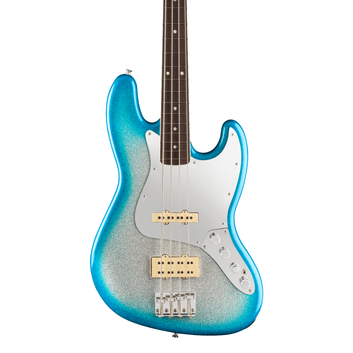 Front of Fender Limited Player Plus x Blu DeTiger Jazz Bass Rosewood Fingerboard Sky Burst Sparkle.