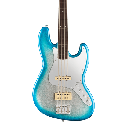 Front of Fender Limited Player Plus x Blu DeTiger Jazz Bass Rosewood Fingerboard Sky Burst Sparkle.