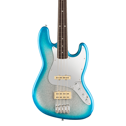 Front of Fender Limited Player Plus x Blu DeTiger Jazz Bass Rosewood Fingerboard Sky Burst Sparkle.