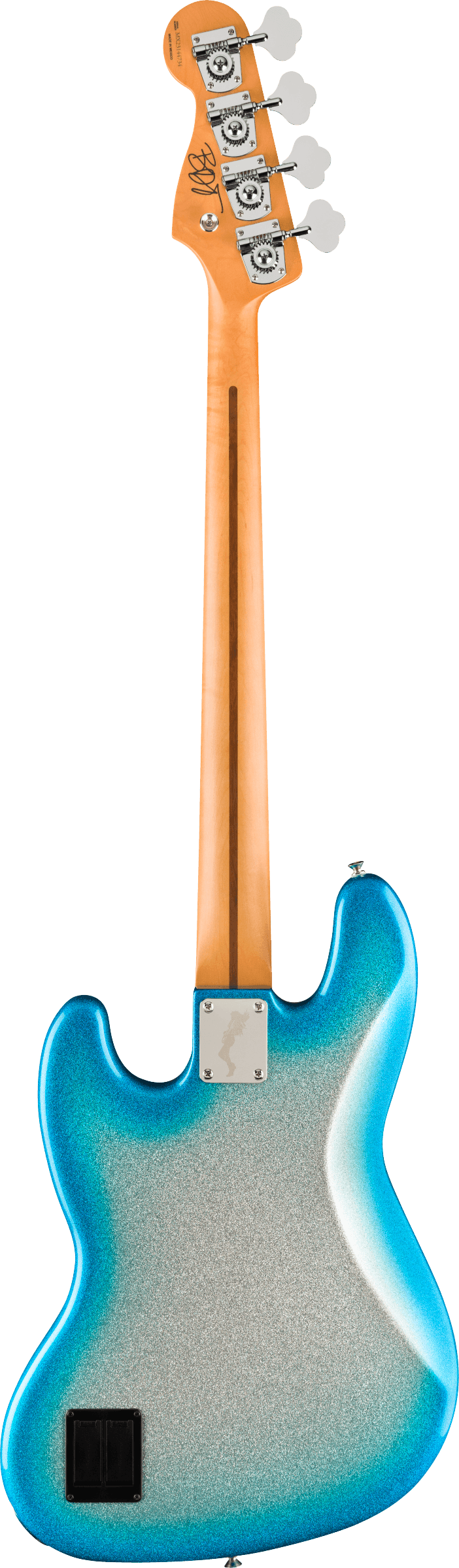 Back of Fender Limited Player Plus x Blu DeTiger Jazz Bass Rosewood Fingerboard Sky Burst Sparkle.