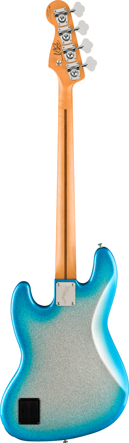 Back of Fender Limited Player Plus x Blu DeTiger Jazz Bass Rosewood Fingerboard Sky Burst Sparkle.