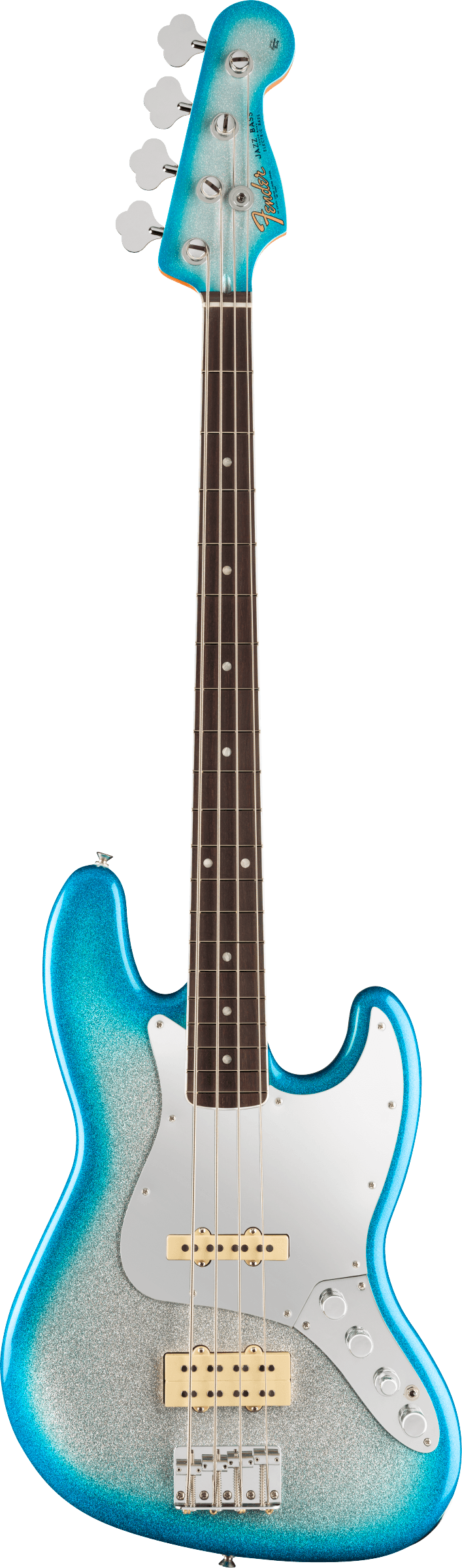 Full frontal of Fender Limited Player Plus x Blu DeTiger Jazz Bass Rosewood Fingerboard Sky Burst Sparkle.