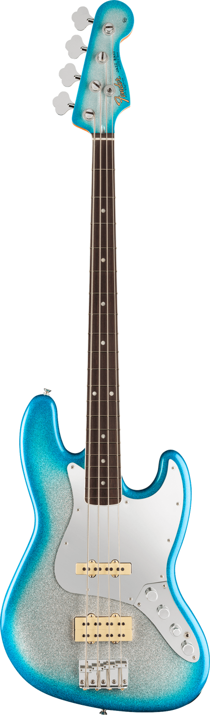 Full frontal of Fender Limited Player Plus x Blu DeTiger Jazz Bass Rosewood Fingerboard Sky Burst Sparkle.