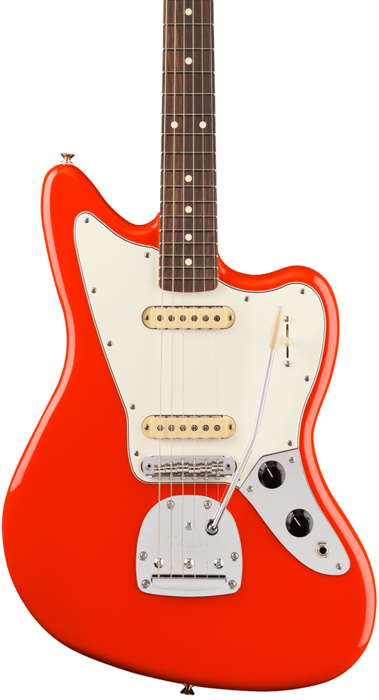 Front of Fender Player II Jaguar Rosewood Fingerboard Coral Red.