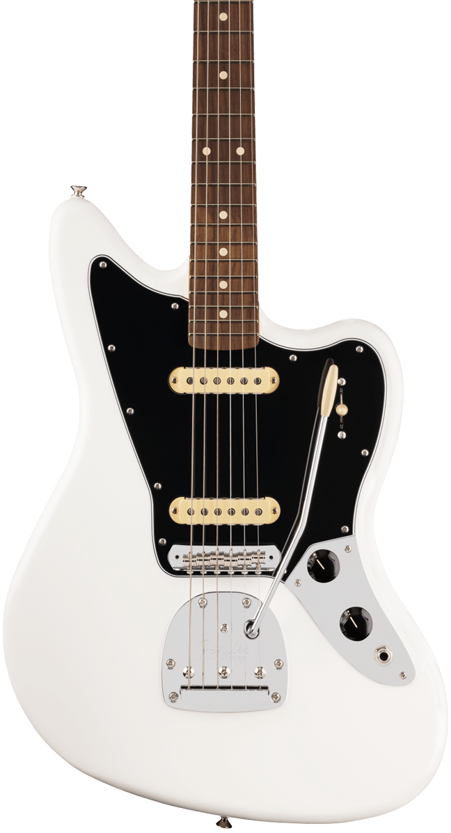 Front of Fender Player II Jaguar Rosewood Fingerboard Polar White.