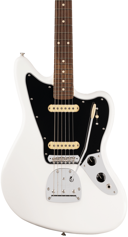 Front of Fender Player II Jaguar Rosewood Fingerboard Polar White.