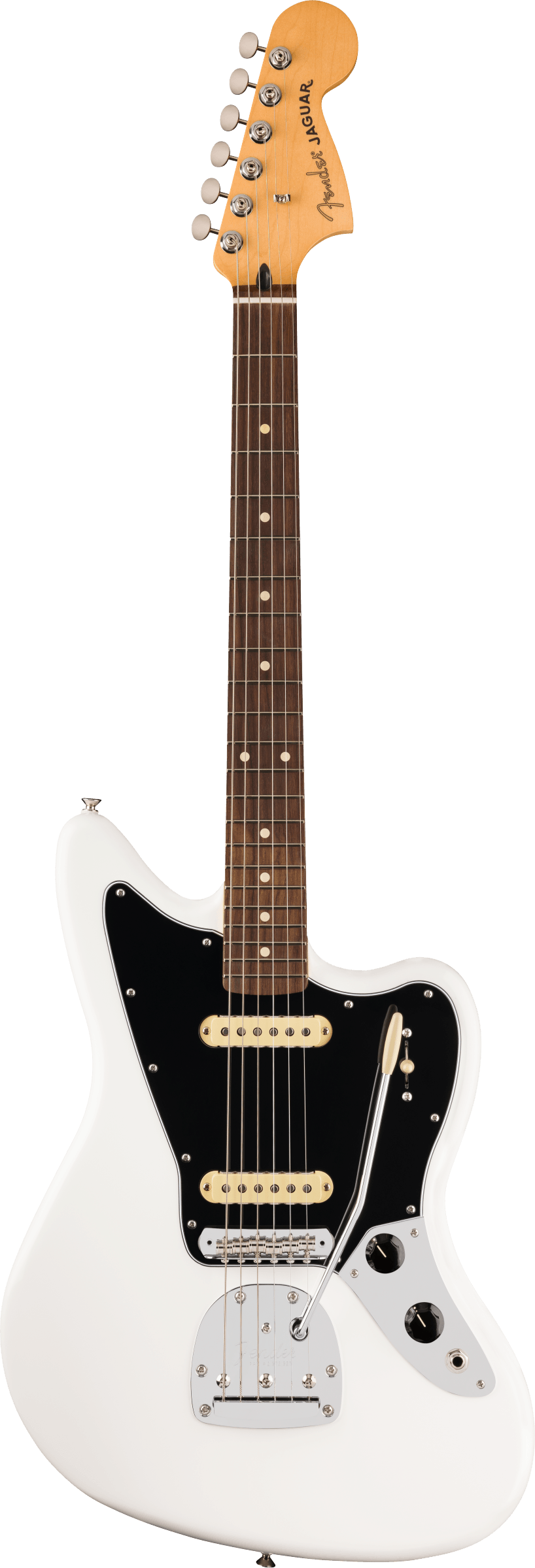 Full frontal of Fender Player II Jaguar Rosewood Fingerboard Polar White.