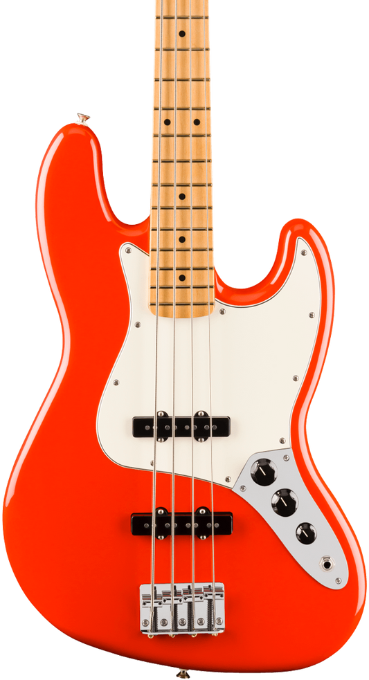 Front of Fender Player II Jazz Bass Maple Fingerboard Coral Red.