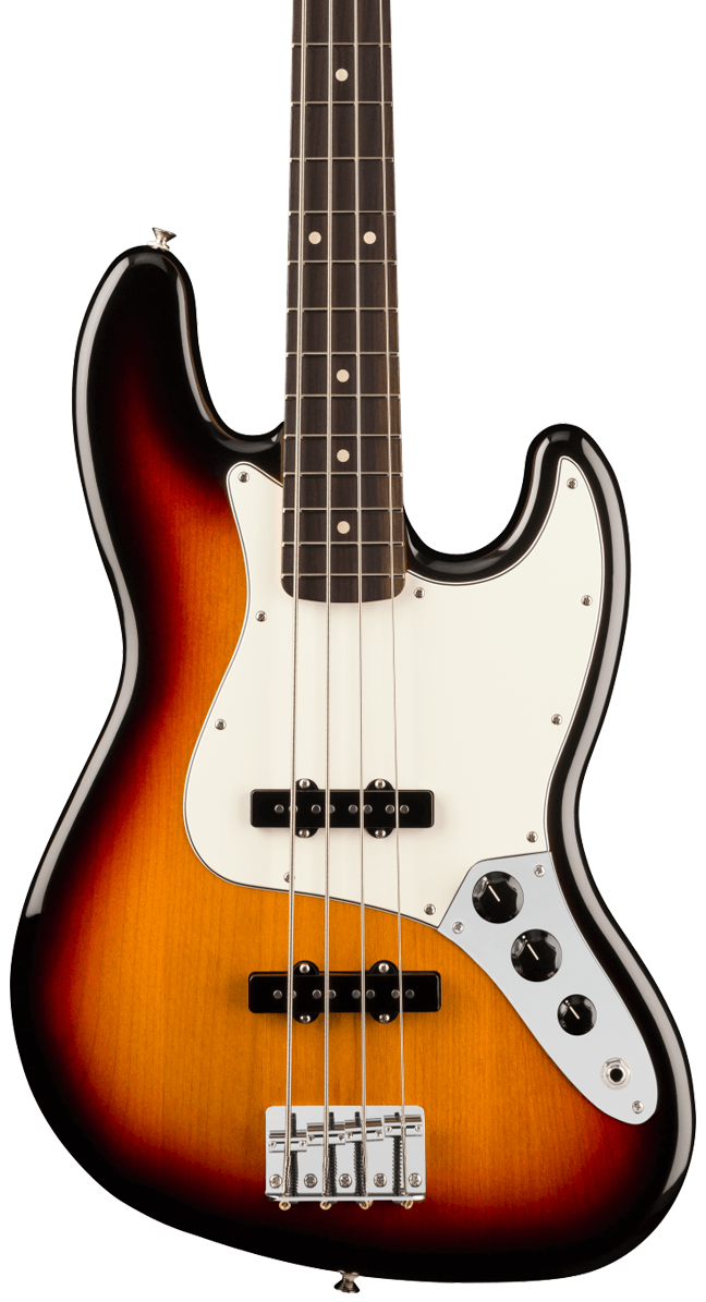 Front of Fender Player II Jazz Bass Rosewood Fingerboard 3-Color Sunburst.