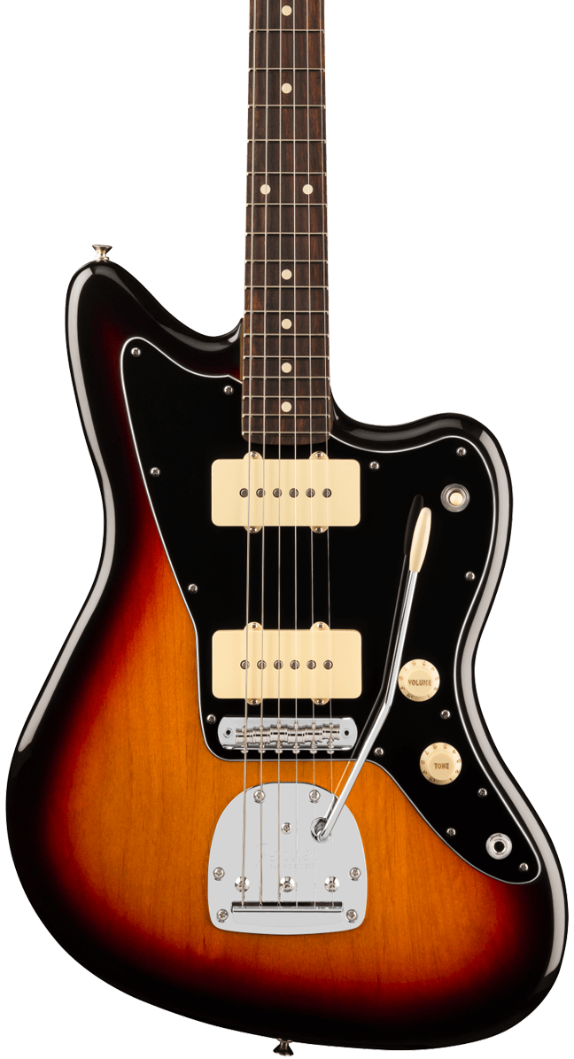 Front of Fender Player II Jazzmaster Rosewood Fingerboard 3-Color Sunburst.