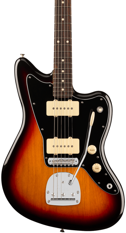 Front of Fender Player II Jazzmaster Rosewood Fingerboard 3-Color Sunburst.