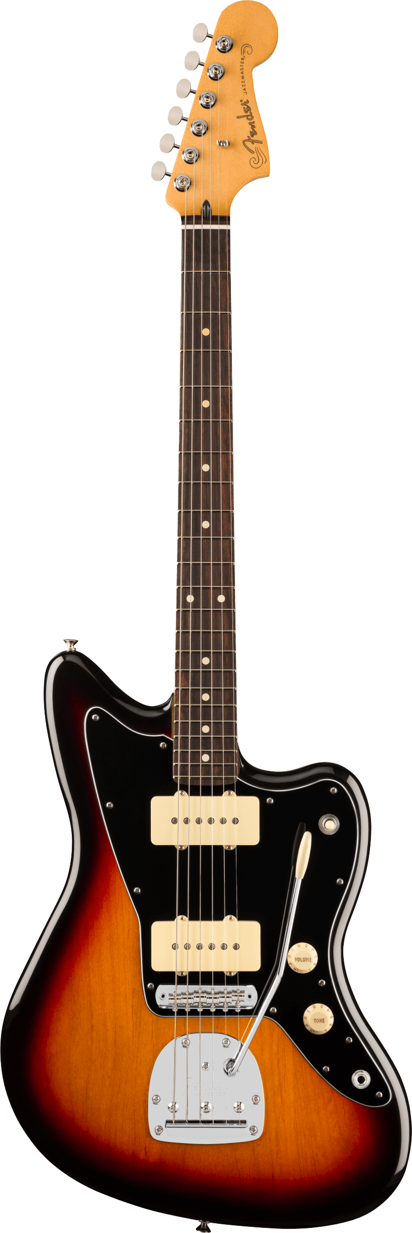 Full frontal of Fender Player II Jazzmaster Rosewood Fingerboard 3-Color Sunburst.