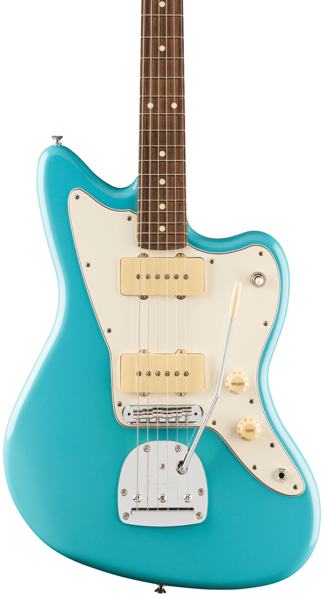 Front of Fender Player II Jazzmaster Rosewood Fingerboard Aquatone Blue.