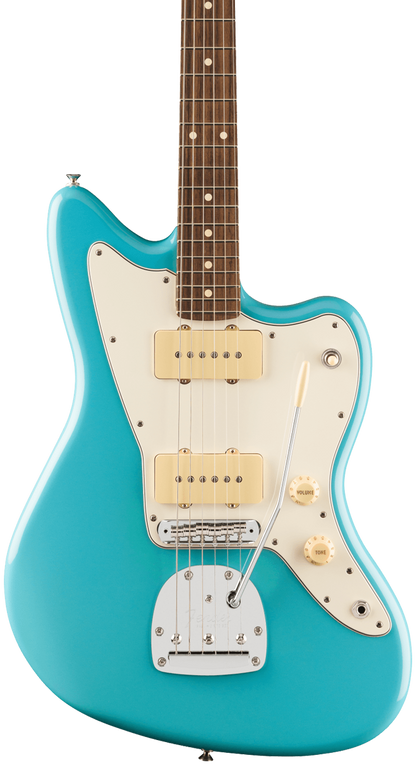 Front of Fender Player II Jazzmaster Rosewood Fingerboard Aquatone Blue.