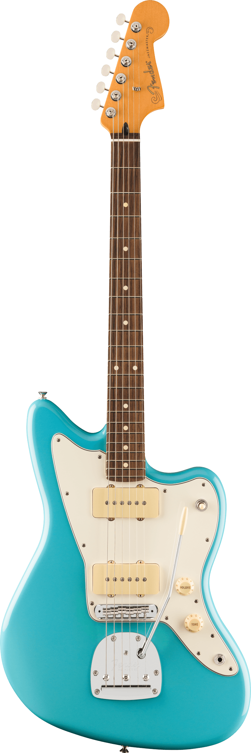 Full frontal of Fender Player II Jazzmaster Rosewood Fingerboard Aquatone Blue.